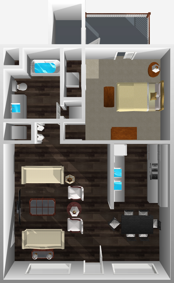 This image displayed is 3D Floorplan option 1 for Bellevue Apartments website