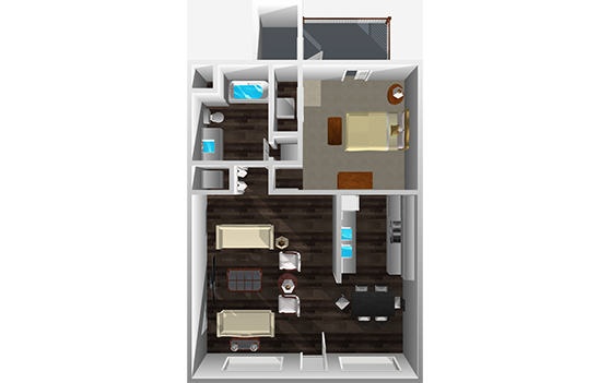 3D floor plan of 1 Bed 1 Bath apartment